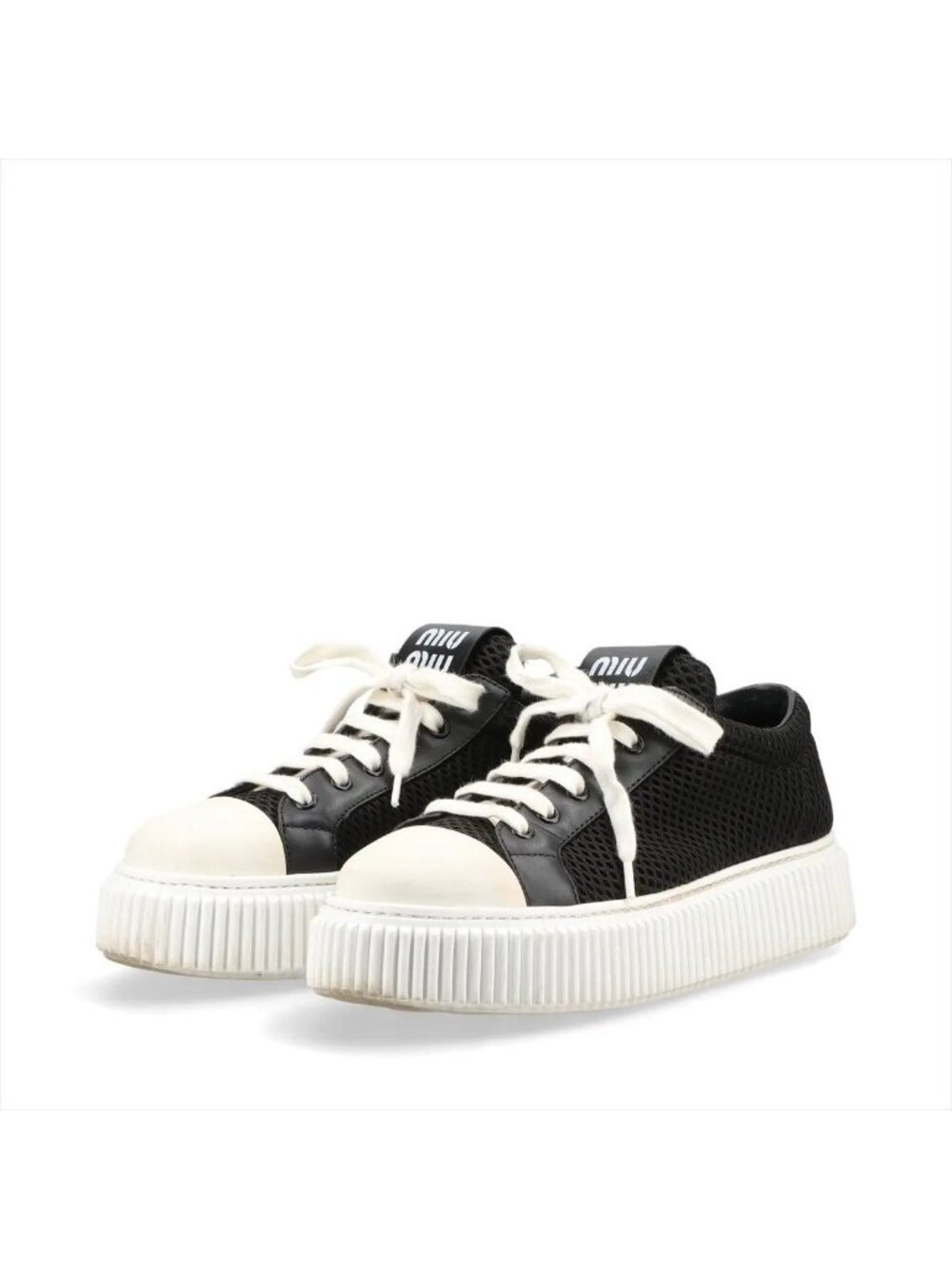 Miu Miu Mesh Flat Form Sneakers Leather Lace-up Shoes
